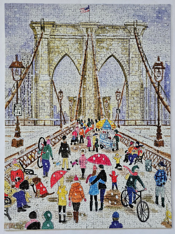 A watercolor painting of people walking on the Brooklyn Bridge during a snowfall.