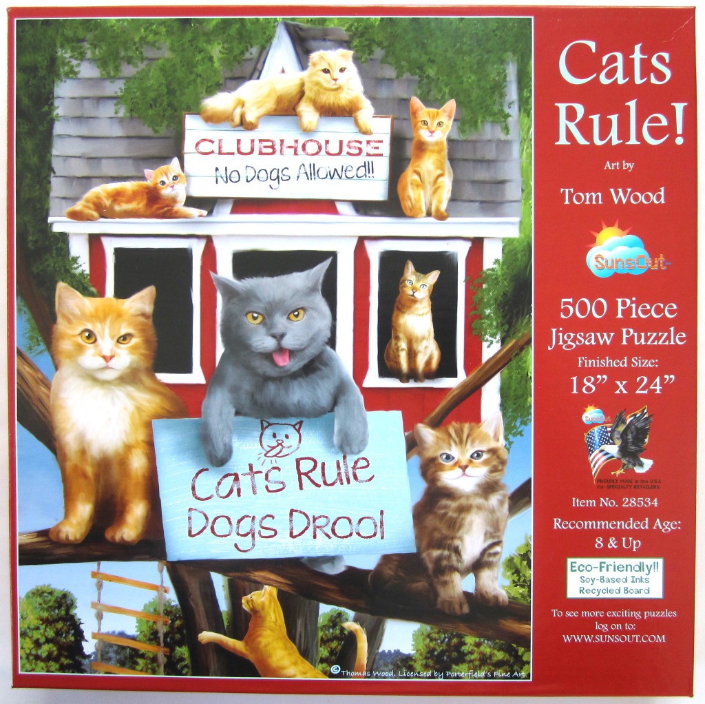 Illustration of seven various cats hanging around a red treehouse with signs claiming Cats Rule and No Dogs Allowed.