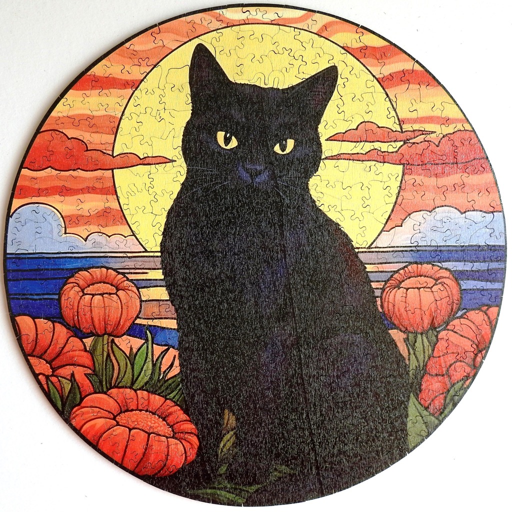 A black cat sitting in front of a large moon, a seaside landscape with orange flowers.