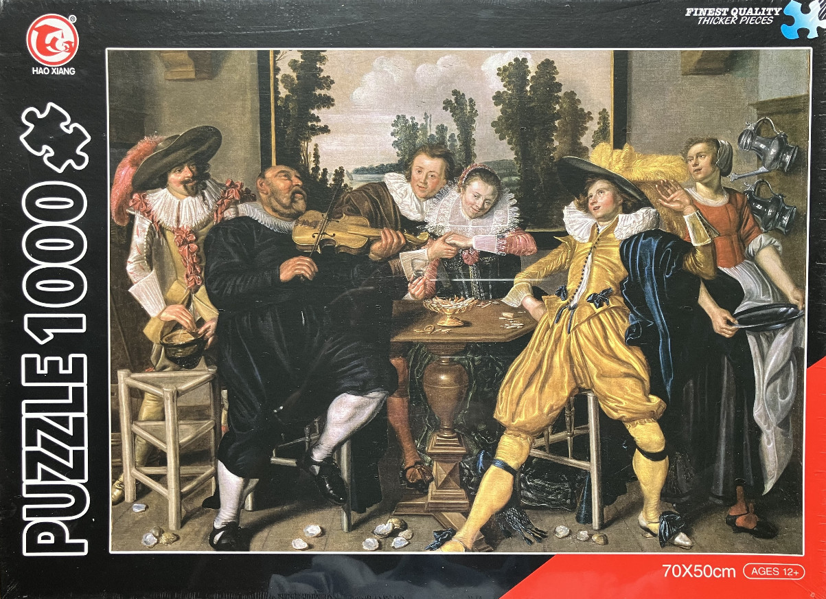 A group of figures in 17th-century attire gathered around a table with a violinist in an oil painting style.