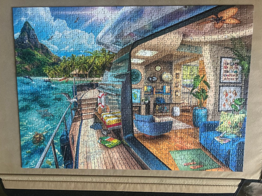 A split-view illustration showing a tropical lagoon on the left and a cozy, modern room interior on the right.