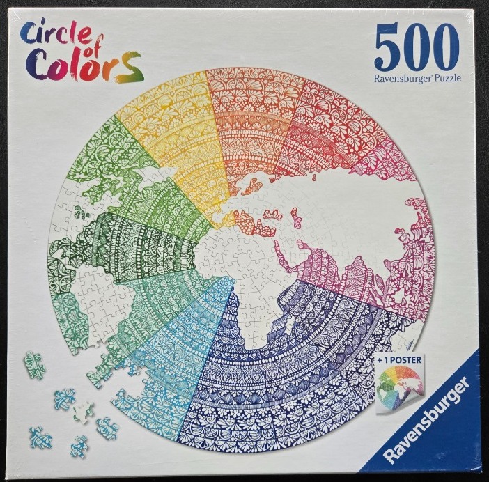 A circular design featuring a world map in a mandala-like, rainbow-colored intricate line art style.
