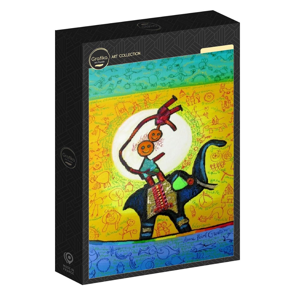 Childlike illustration of a figure riding an elephant against a bright yellow background with blue borders.