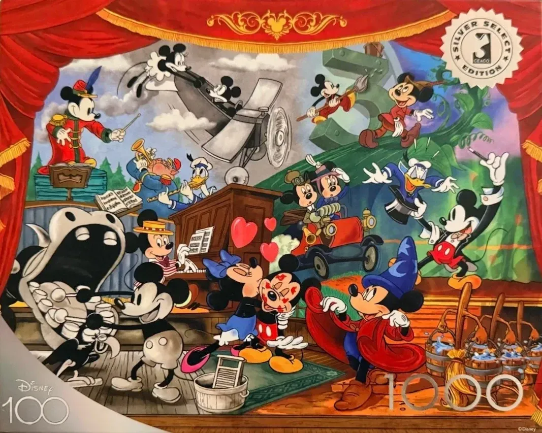 A collage of various iconic Mickey Mouse and friends roles framed by stage curtains