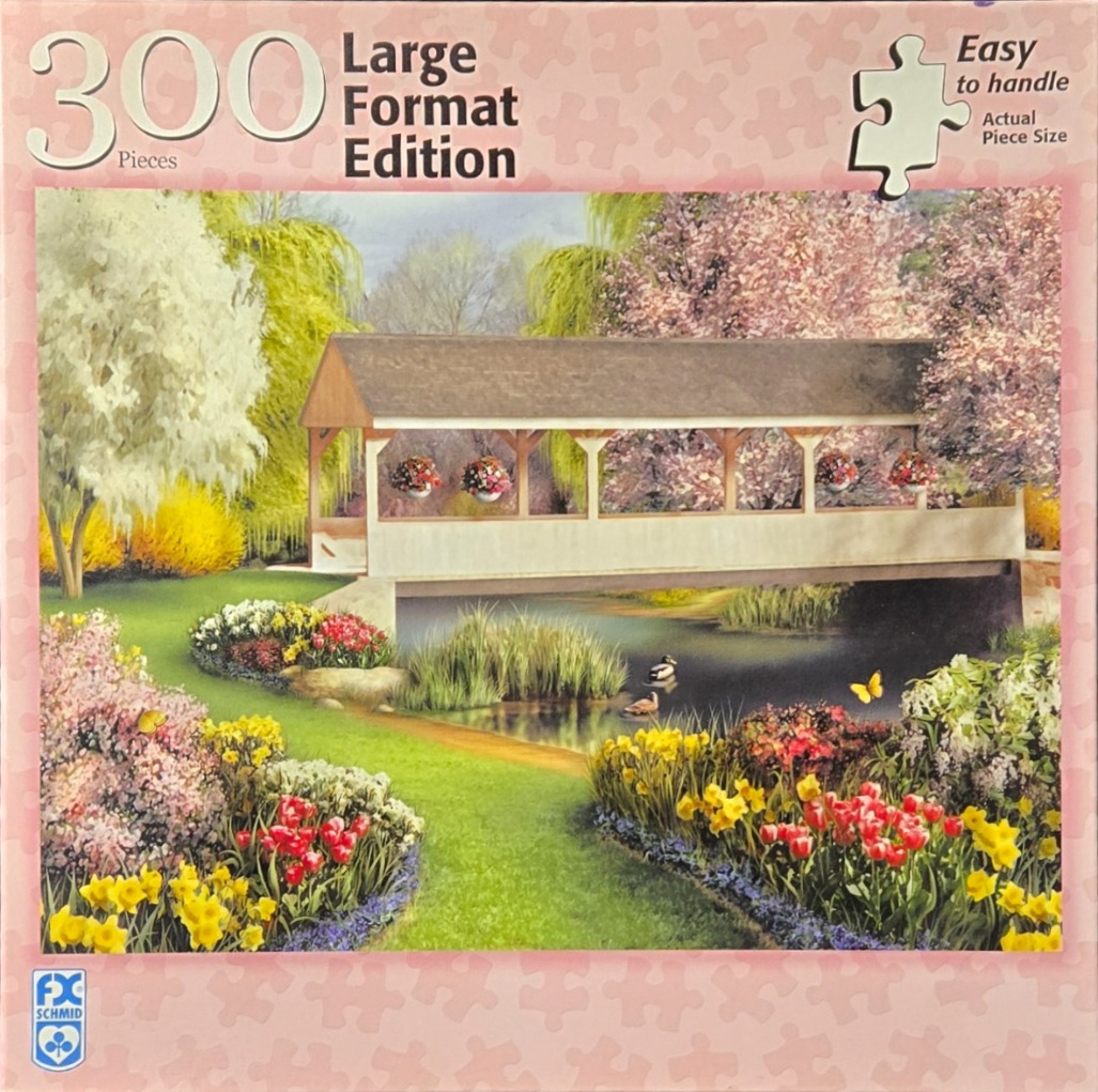 A peaceful spring garden scene with a covered bridge over a pond, blooming flowers, and two ducks.