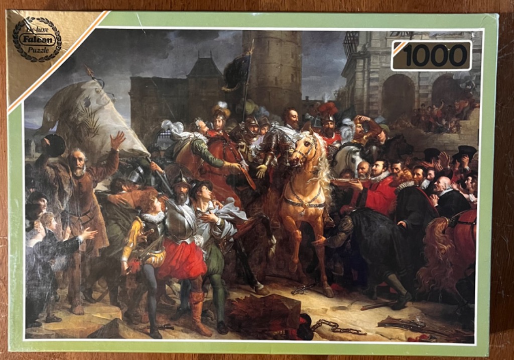 A historical painting depicting a victorious general arriving on horseback surrounded by a crowd and soldiers.