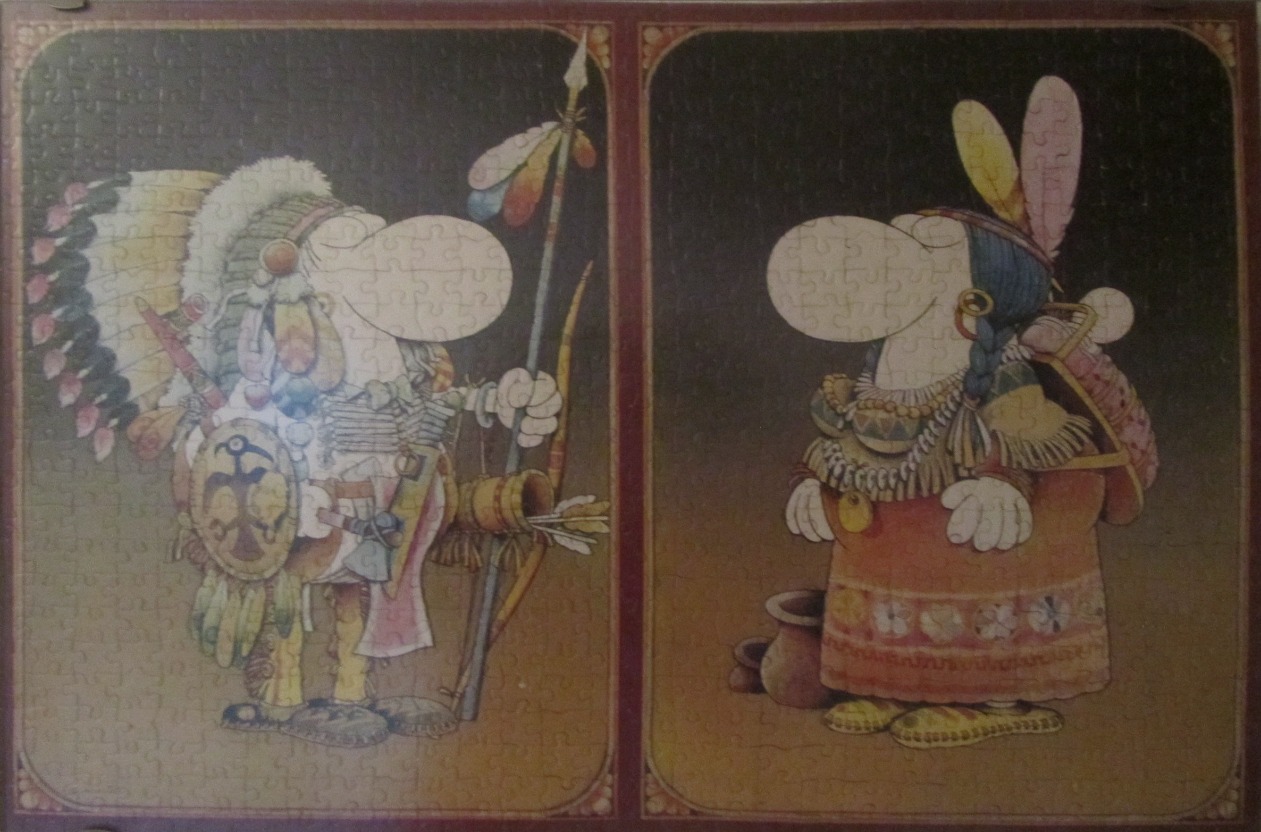 Illustration of two cartoon Native American characters side-by-side in separate arched frames.