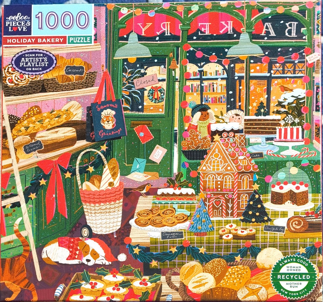 Illustration of a cozy bakery interior decorated for the holidays, featuring baked goods, a dog, and a gingerbread house.