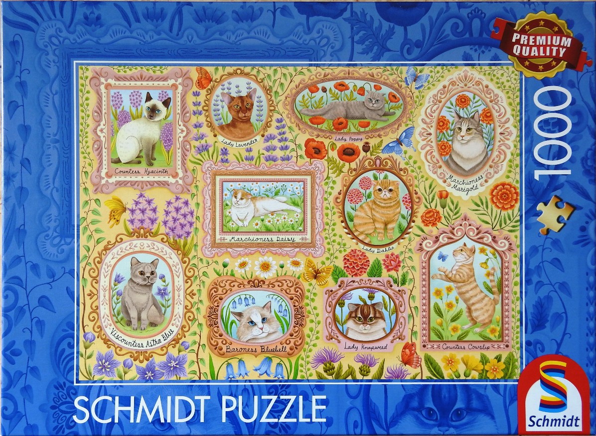 An illustration of eight cats in ornate frames, surrounded by botanical designs on a pale yellow background.