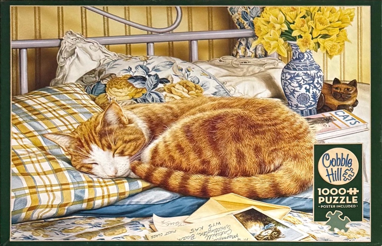 An orange tabby cat curled up sleeping on a bed with yellow plaid pillows and a vase of daffodils.