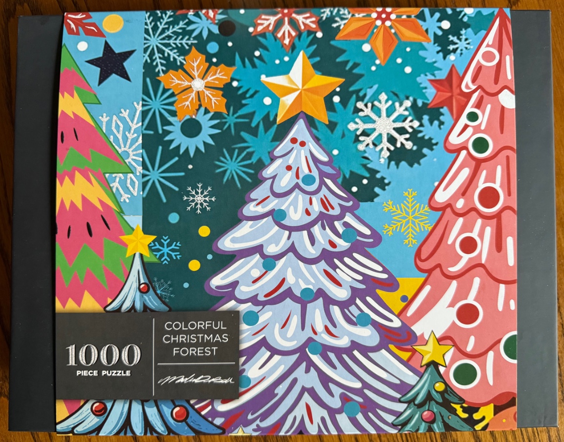 Stylized illustration of a vibrant, colorful Christmas forest with multiple decorated trees and snowflakes.