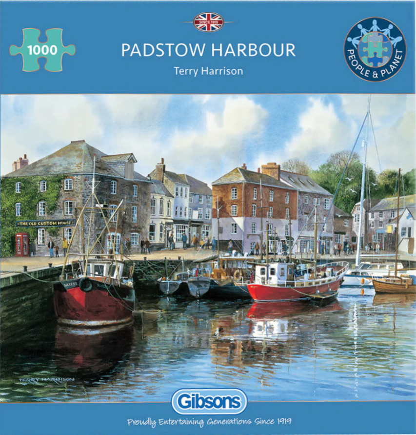 A watercolor painting of boats docked at Padstow Harbour with historic buildings in the background.