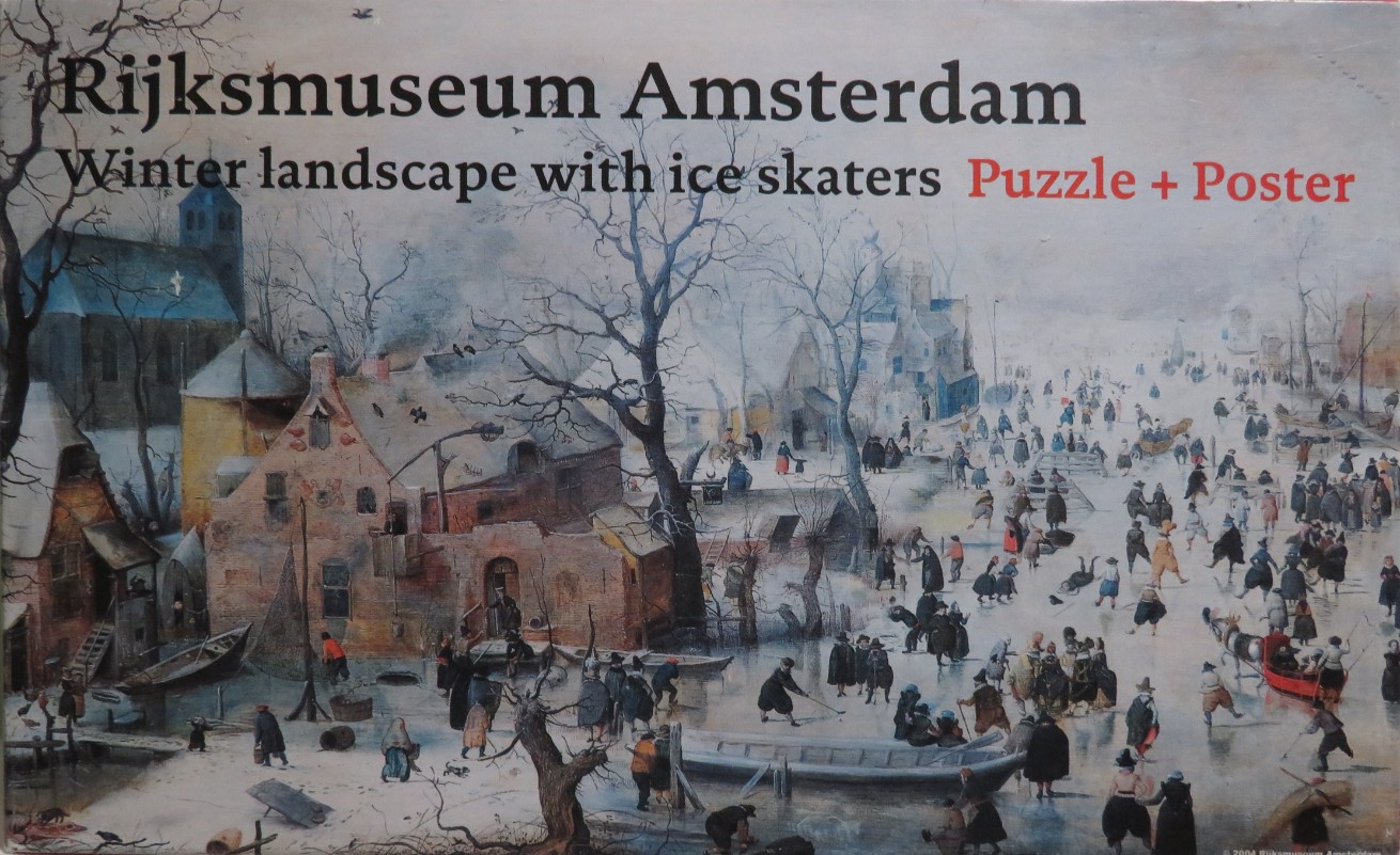 Oil painting of a 17th-century Dutch winter village scene with people ice skating on a frozen canal.