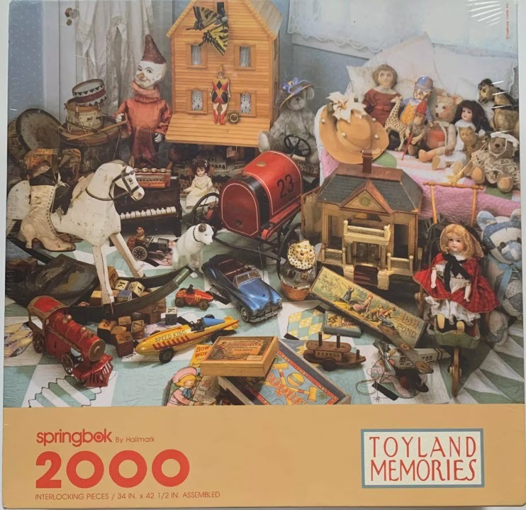 A nostalgic collection of vintage toys including dolls, rocking horses, model cars, and a dollhouse.