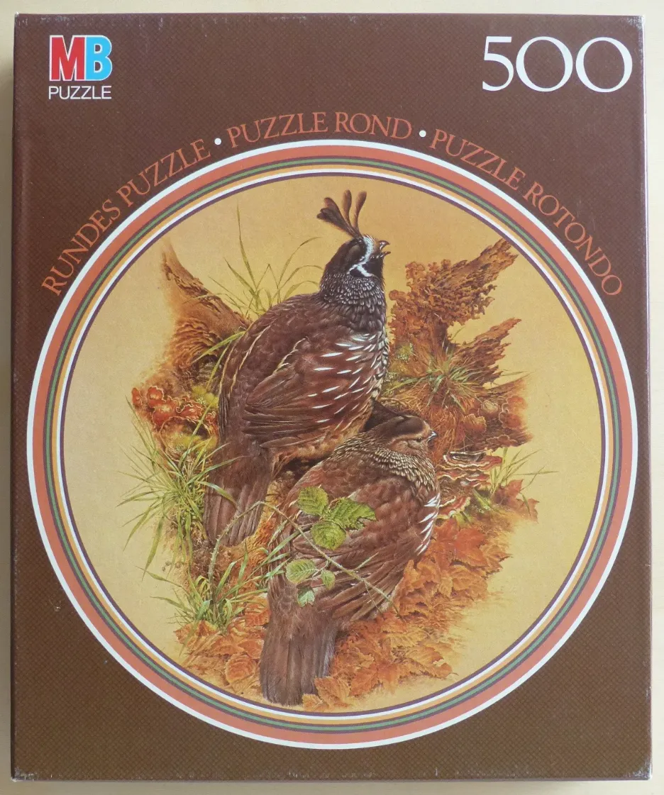 Two California quail standing among autumn foliage and wood in a circular illustration.