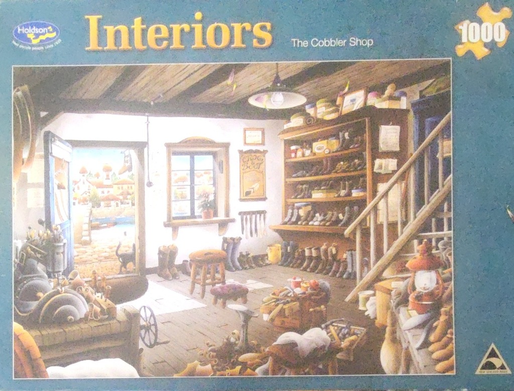 An illustration of a charming, old-fashioned cobbler shop filled with shoes, workbenches, and a view to a village outside.