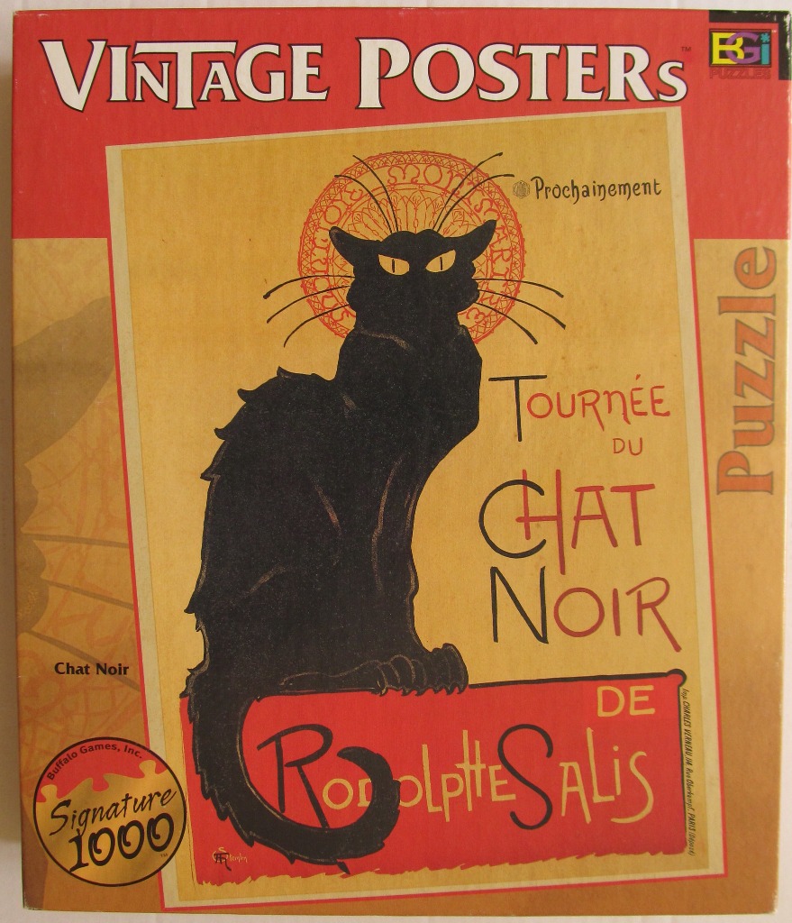 Vintage poster art featuring a stylized black cat with yellow eyes and a red circular halo against a tan background.