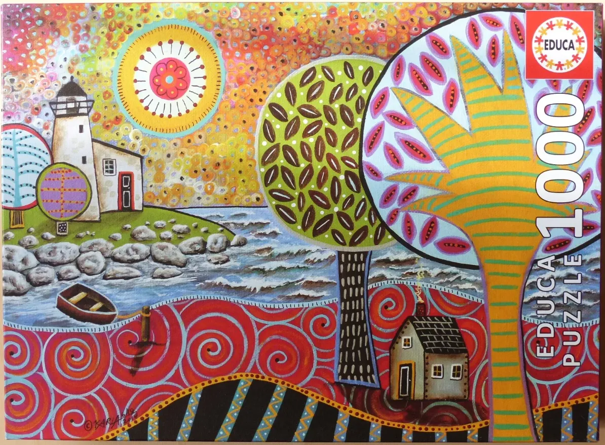 Whimsical folk art painting of a lighthouse, houses, and stylized trees by a rocky coastline.
