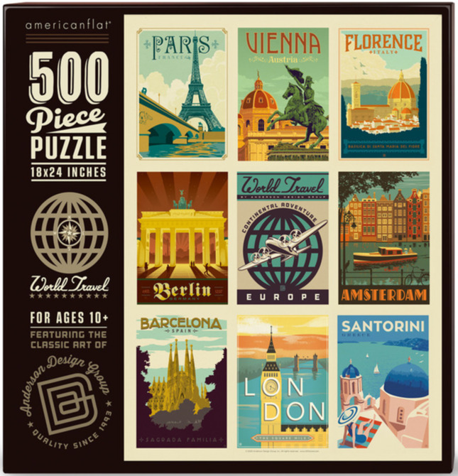 A grid of nine vintage-style travel posters depicting European cities including Paris, Vienna, and London.