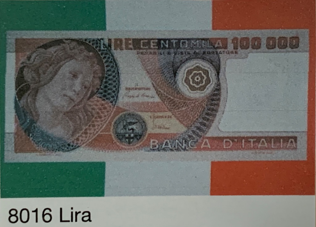 An illustration of an old Italian 100,000 Lira banknote superimposed on the Italian flag.