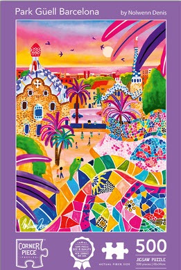 Colorful, stylized illustration of Park Güell in Barcelona under a sunset sky.