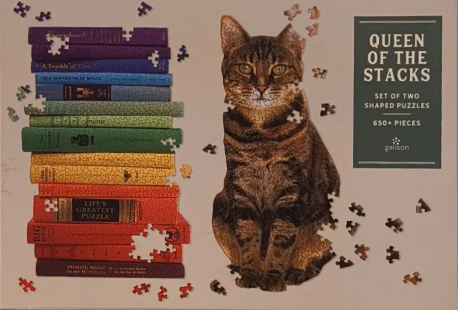A stack of rainbow-colored books beside a realistic brown tabby cat, both appearing as if they are being assembled.
