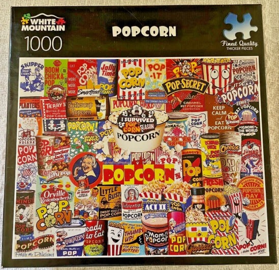 A collage of vintage and modern popcorn brand logos, boxes, and advertisements packed together in a colorful mosaic.