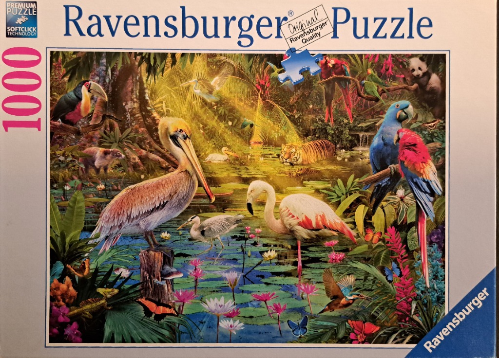 A lush jungle scene filled with diverse wildlife including a large pelican, flamingos, a tiger, and vibrant tropical birds.