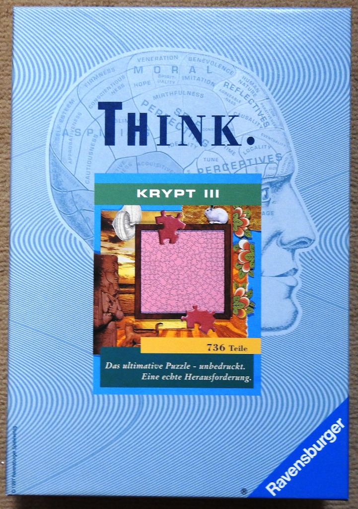A phrenology head illustration overlaying a scene featuring a pink jigsaw puzzle, an Egyptian statue, and a small rabbit.