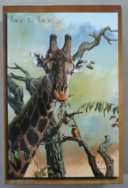 A detailed painting of a giraffe peering through tree branches at a small kingfisher bird.