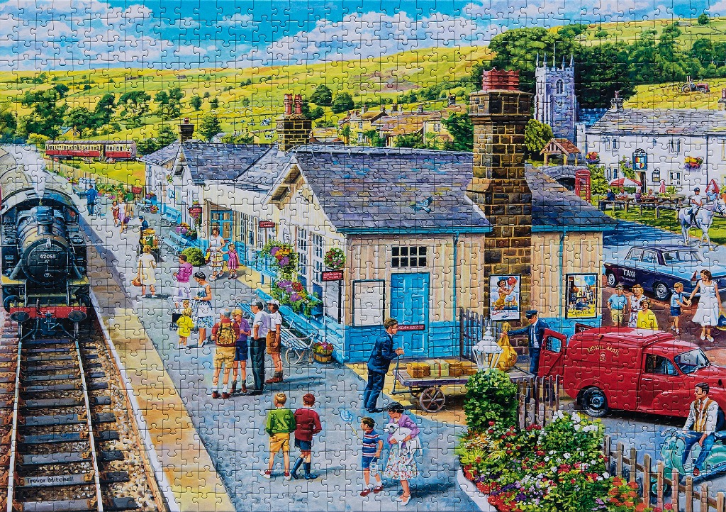 A nostalgic painting of a bustling 1950s English train station with a steam locomotive and village scene.