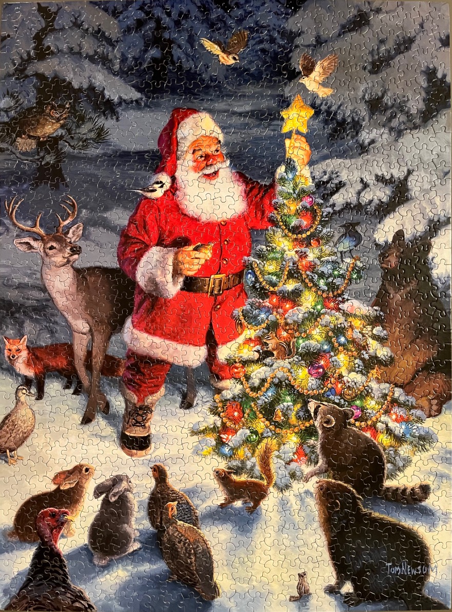 Santa Claus decorating a snowy forest Christmas tree surrounded by woodland animals.