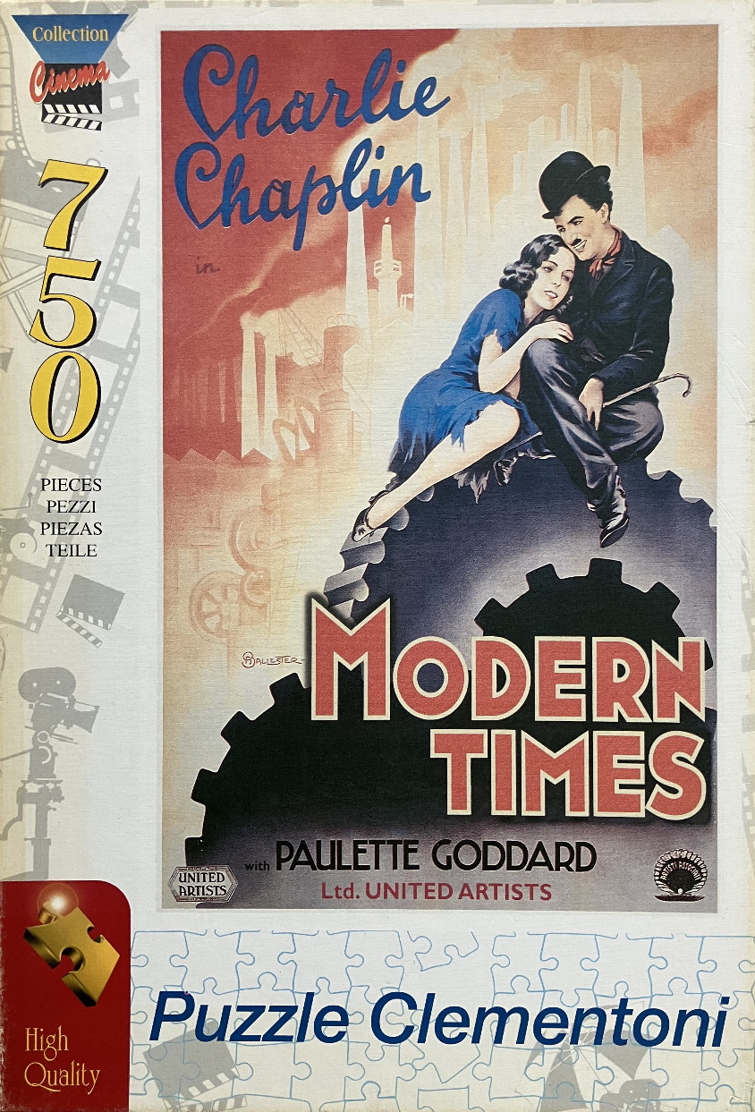 A vintage film poster featuring Charlie Chaplin and Paulette Goddard sitting on a large industrial cog.