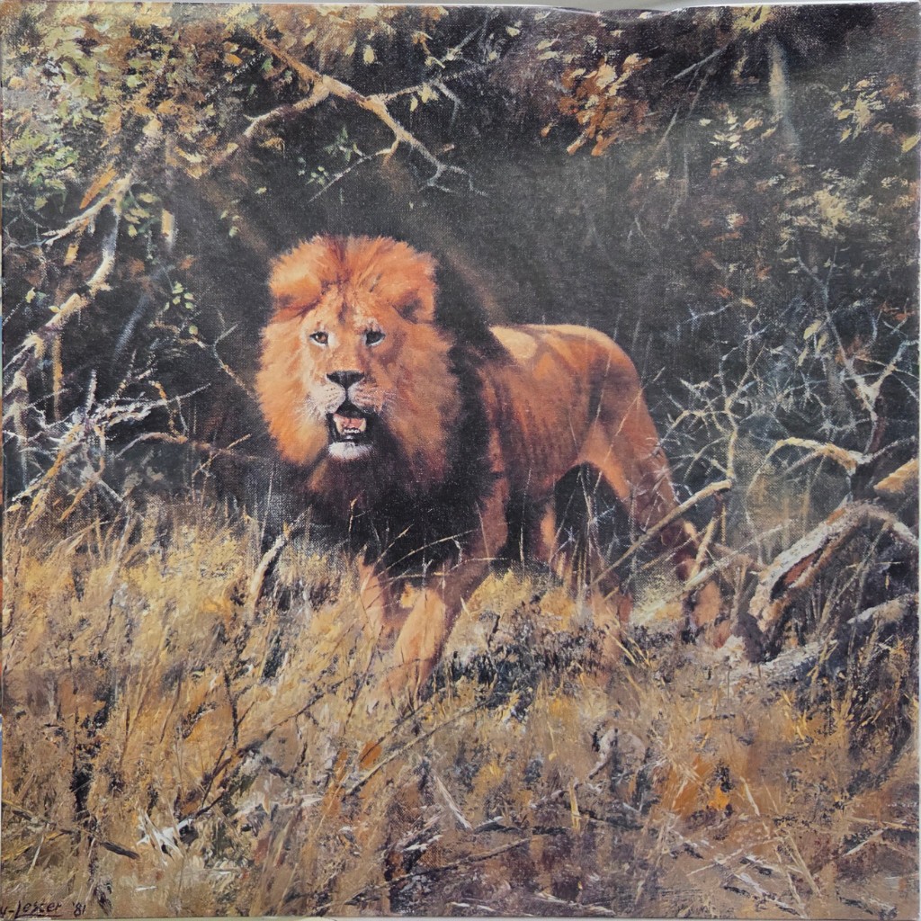 An oil painting of a majestic male lion standing in tall, dry savanna grass amidst dense, shadowed brush.