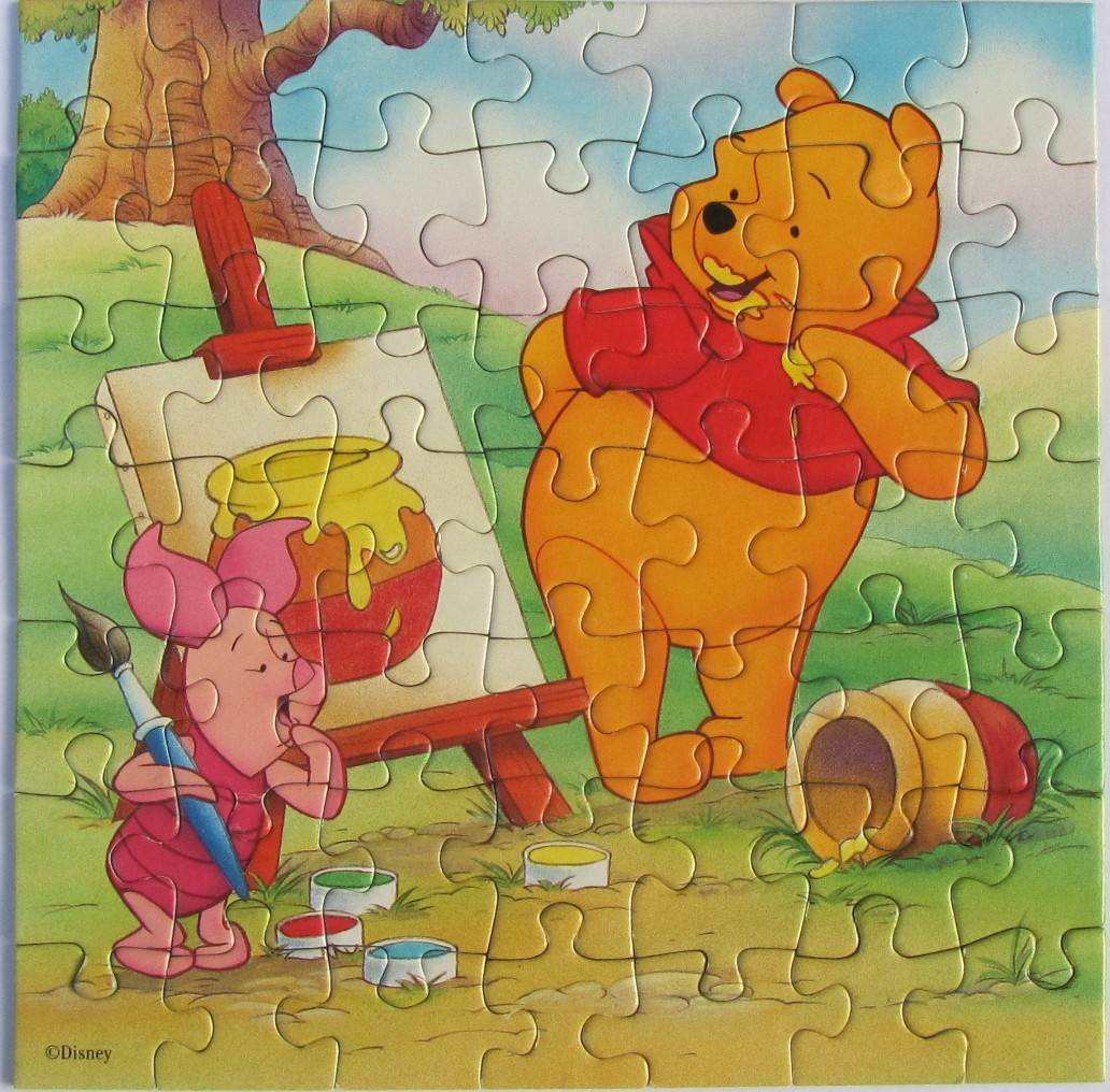 Winnie the Pooh and Piglet painting a honey pot outdoors