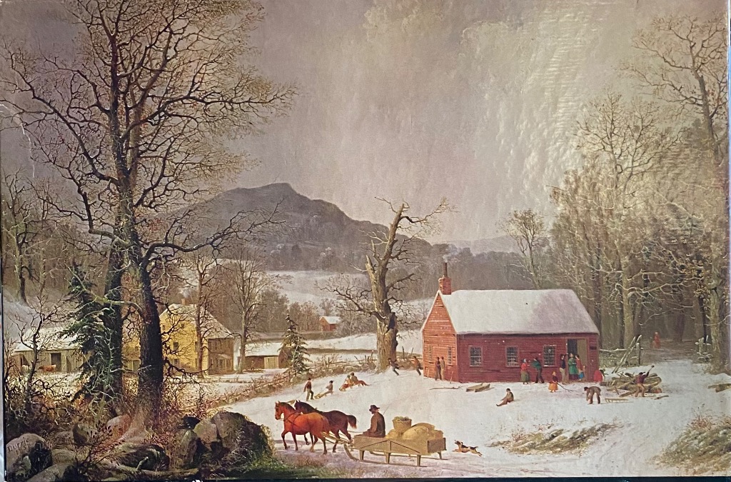 A winter rural scene with a red schoolhouse, horse-drawn cart, and snow-covered trees.
