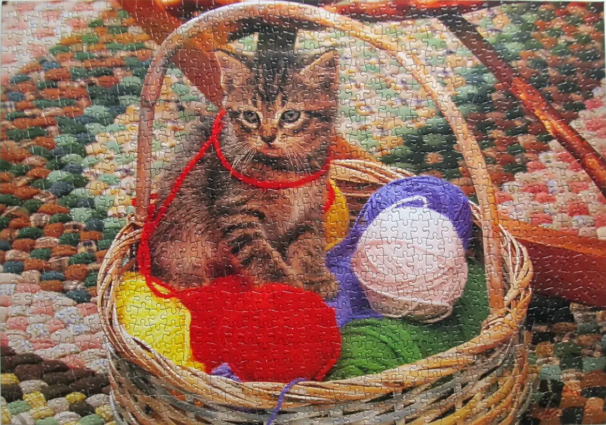A tabby kitten sits in a wicker basket filled with colorful balls of yarn.