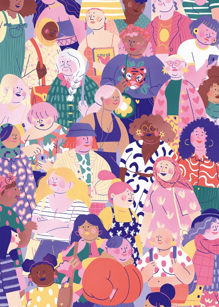 A dense, colorful illustration of diverse women layered together in a crowded urban-style composition.