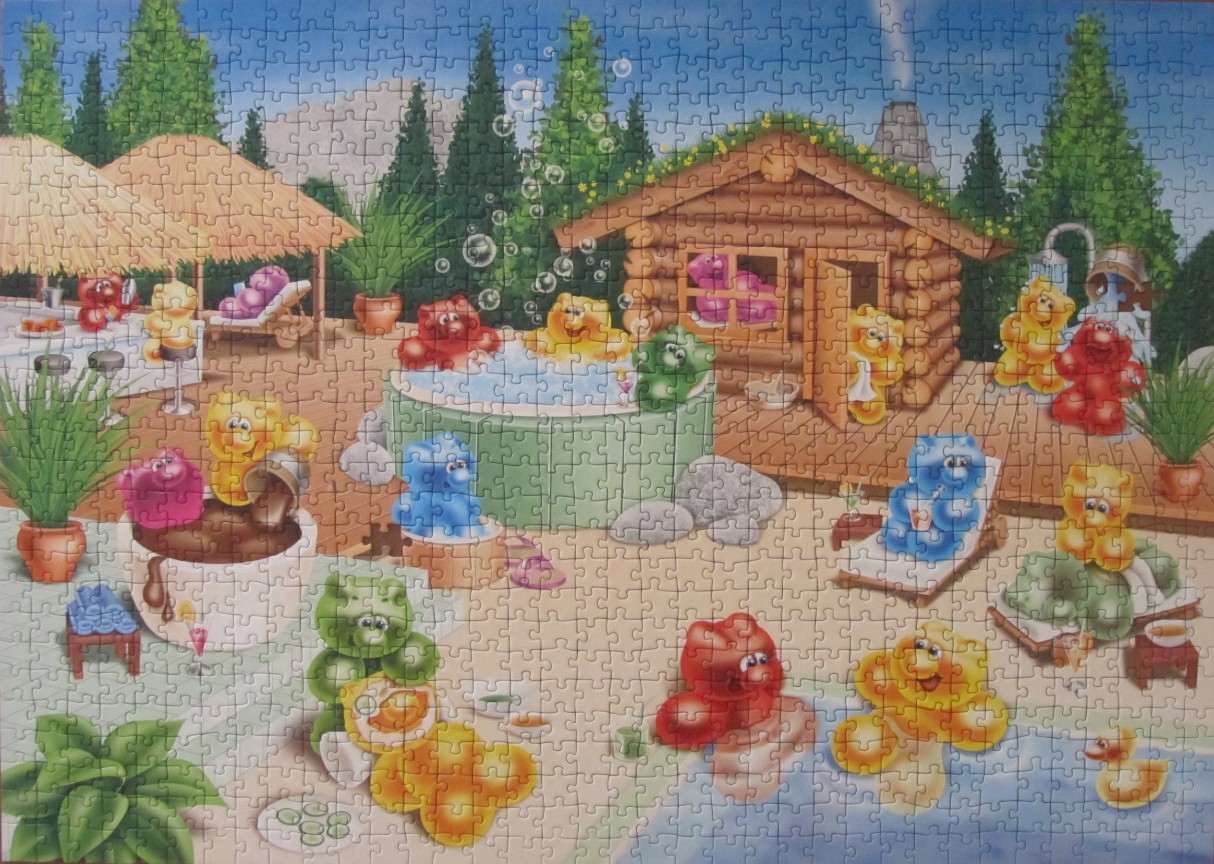 A whimsical illustration of gummy bears relaxing at a spa and pool resort.