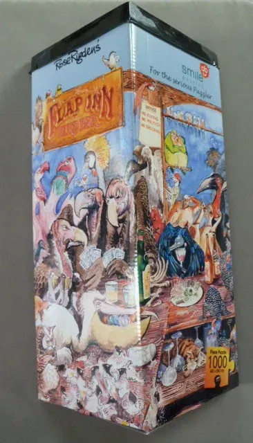 A whimsical watercolor illustration of various birds gathered inside a crowded pub called Flap Inn.