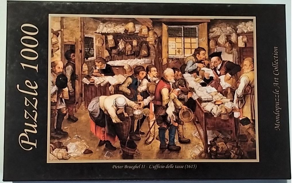 Oil painting titled The Tax Office by Pieter Brueghel the Younger depicting a crowded room of clerks and clients.