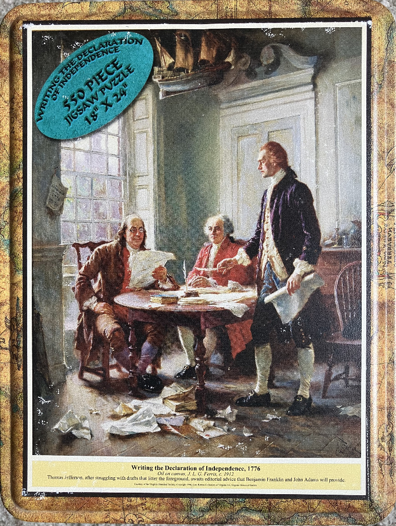 Historical painting of Benjamin Franklin, John Adams, and Thomas Jefferson drafting the Declaration of Independence.