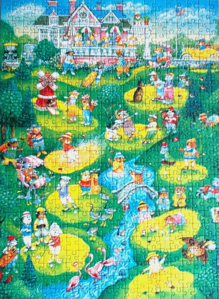 An illustration of various anthropomorphic teddy bears playing a whimsical game of golf on a sunny day.