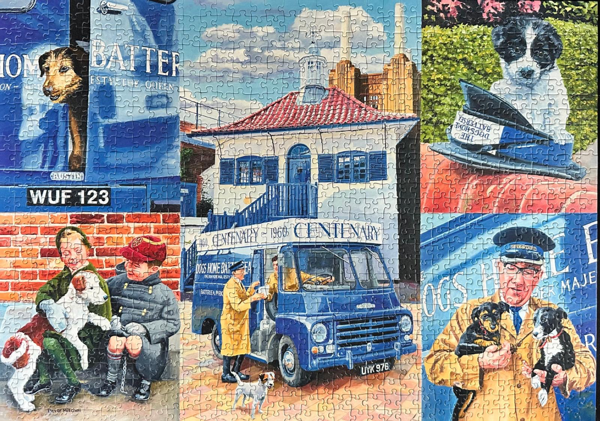A nostalgic collage depicting the history and work of a dog rescue center, featuring vintage vans, staff, and puppies.