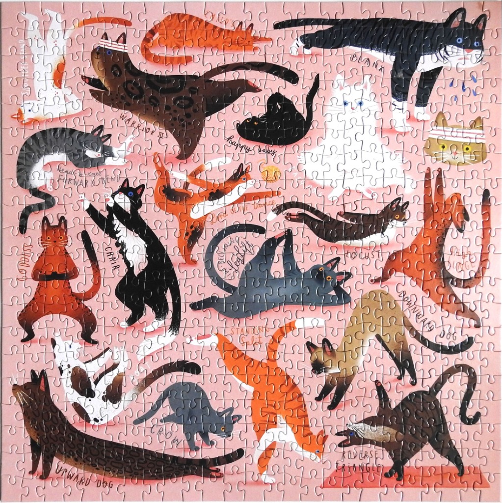 Illustration of various cats performing different yoga poses against a pink background.