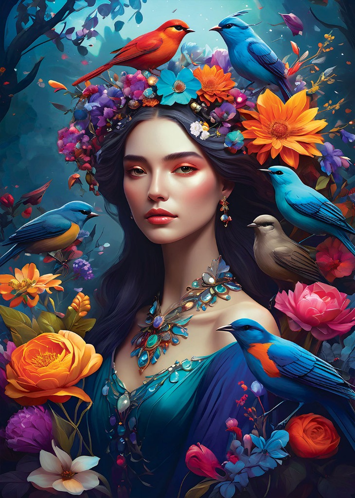A digital portrait of a beautiful woman adorned with a flower crown and jewelry, surrounded by colorful birds and blossoms.