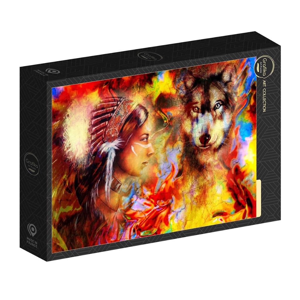 A profile of a woman in a Native American-style headdress looking at a wolf against a fiery, abstract background.