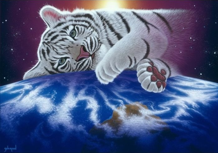 A white tiger resting its chin and paw on the top of the Earth set against a starry cosmic background.