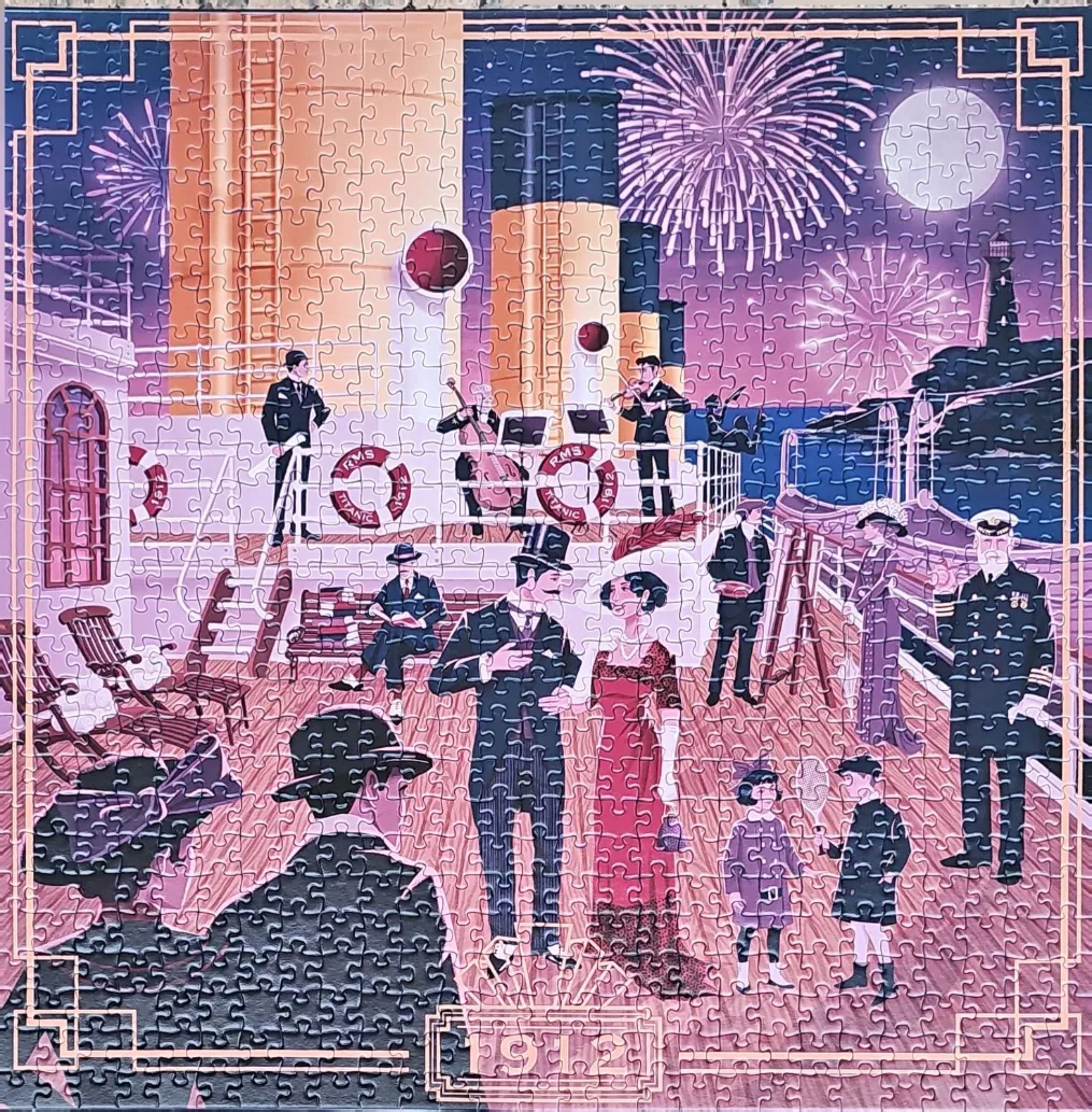 Art Deco illustration of passengers on the deck of the RMS Titanic at night with fireworks in the background.