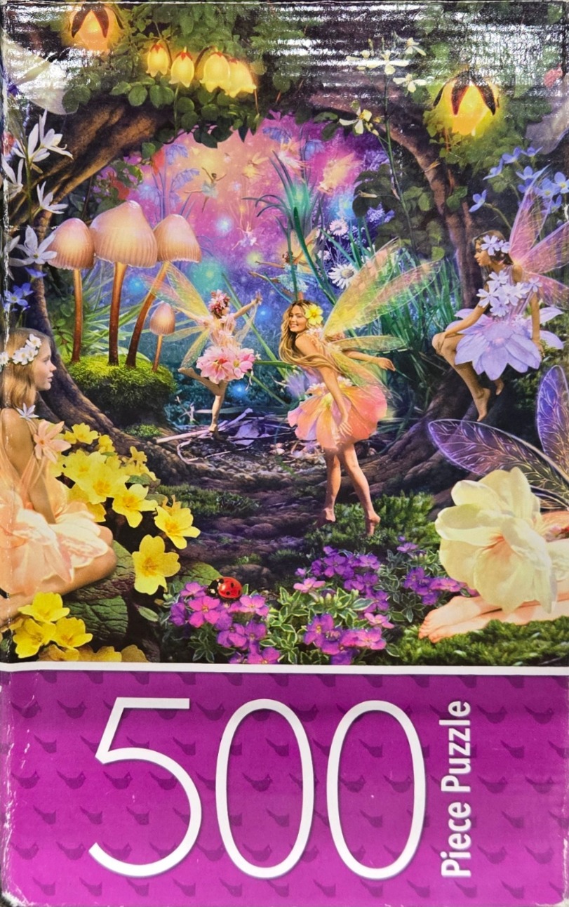A vibrant, magical forest scene featuring multiple fairies, luminous mushrooms, and colorful flowers.